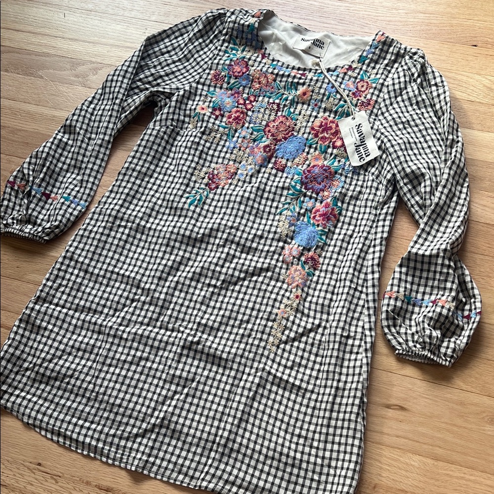 Savanna Jane Black & White Gingham Tunic with Multicolor Embroidery